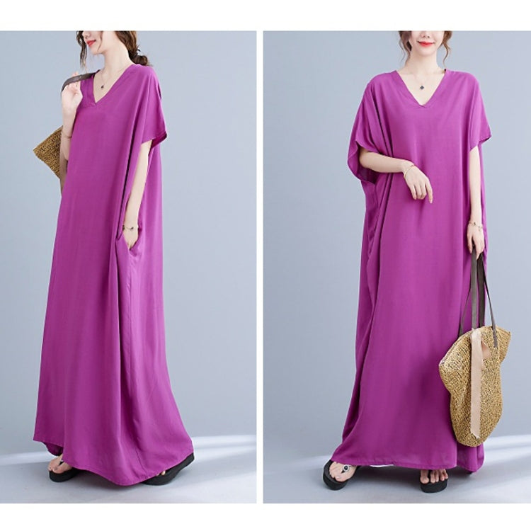 Ladies Bohemian Style Solid Color V-neck Long Robe Dress
