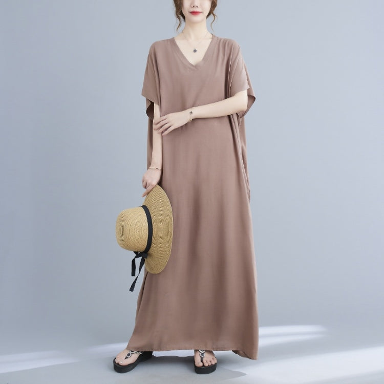 Ladies Bohemian Style Solid Color V-neck Long Robe Dress