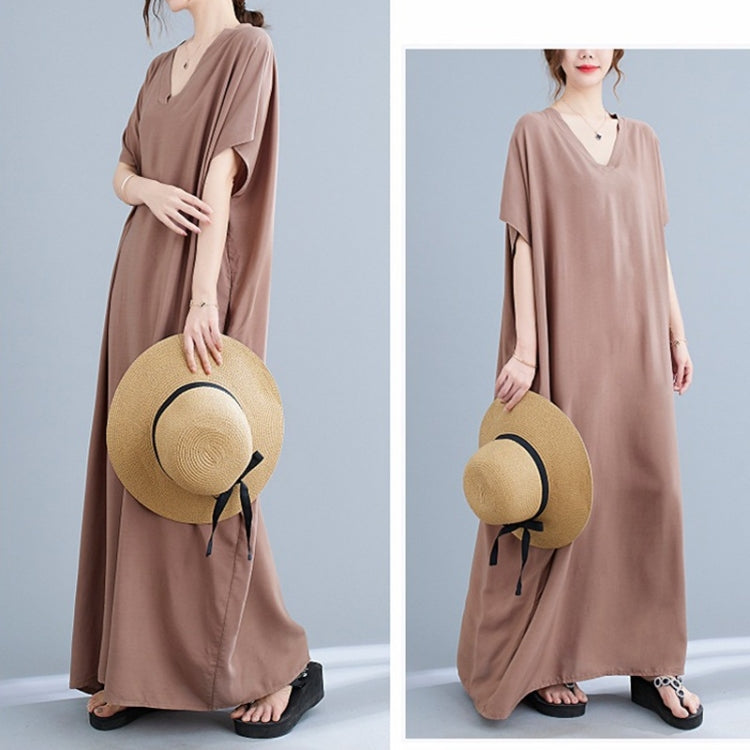 Ladies Bohemian Style Solid Color V-neck Long Robe Dress
