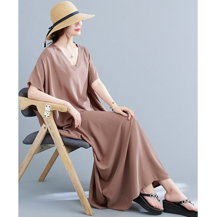 Ladies Bohemian Style Solid Color V-neck Long Robe Dress