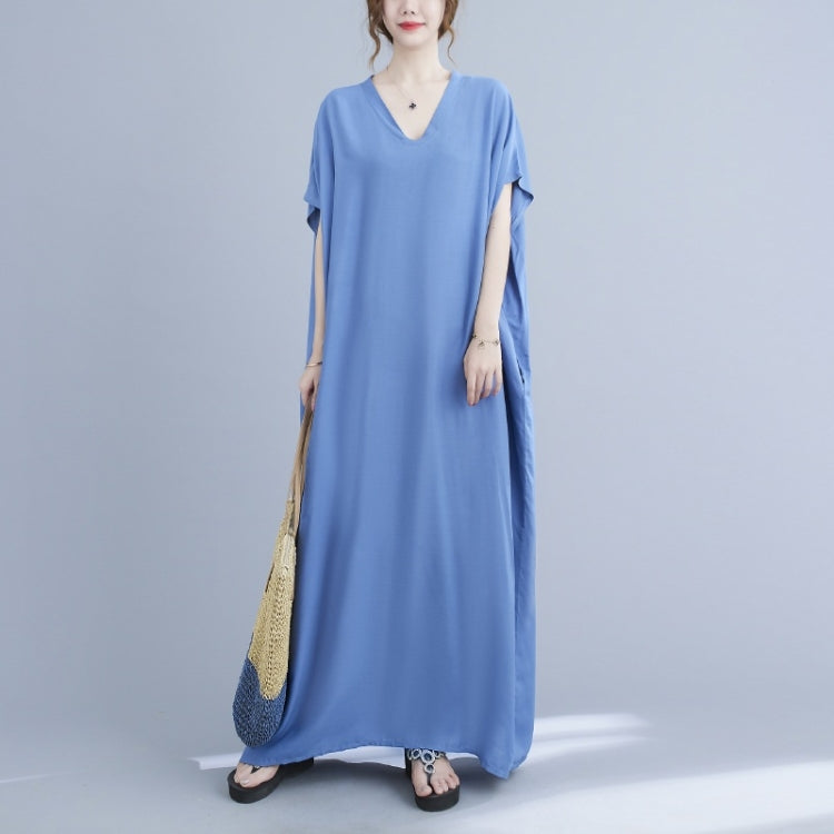 Ladies Bohemian Style Solid Color V-neck Long Robe Dress
