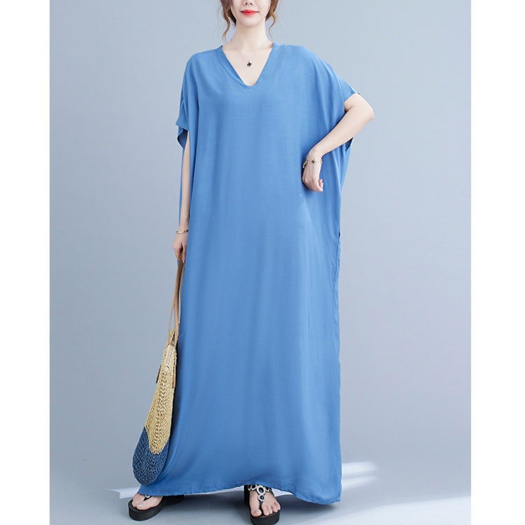Ladies Bohemian Style Solid Color V-neck Long Robe Dress