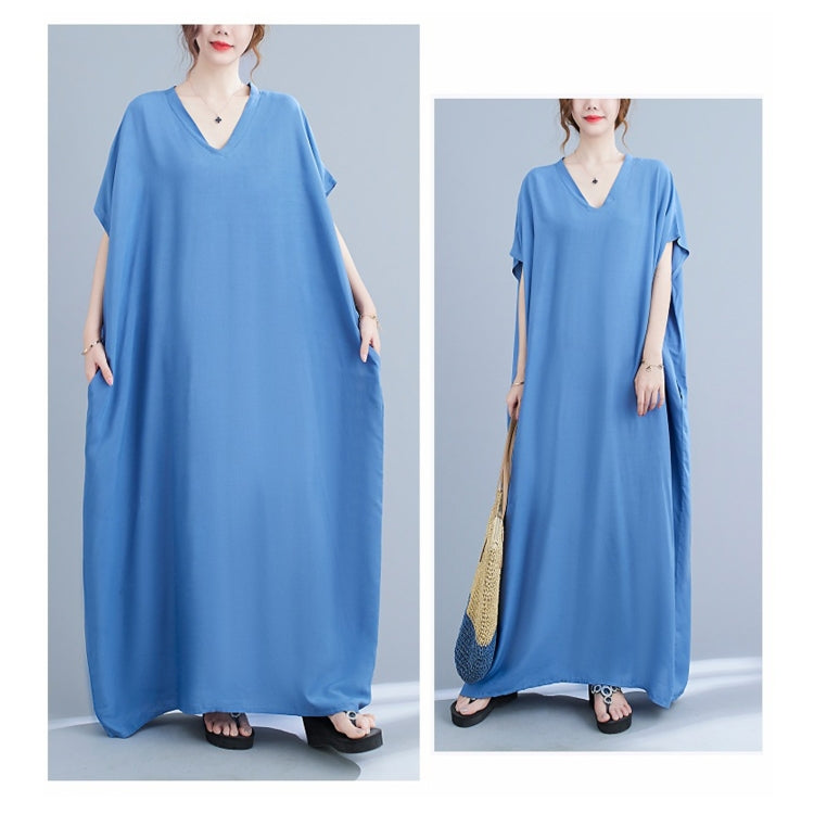 Ladies Bohemian Style Solid Color V-neck Long Robe Dress