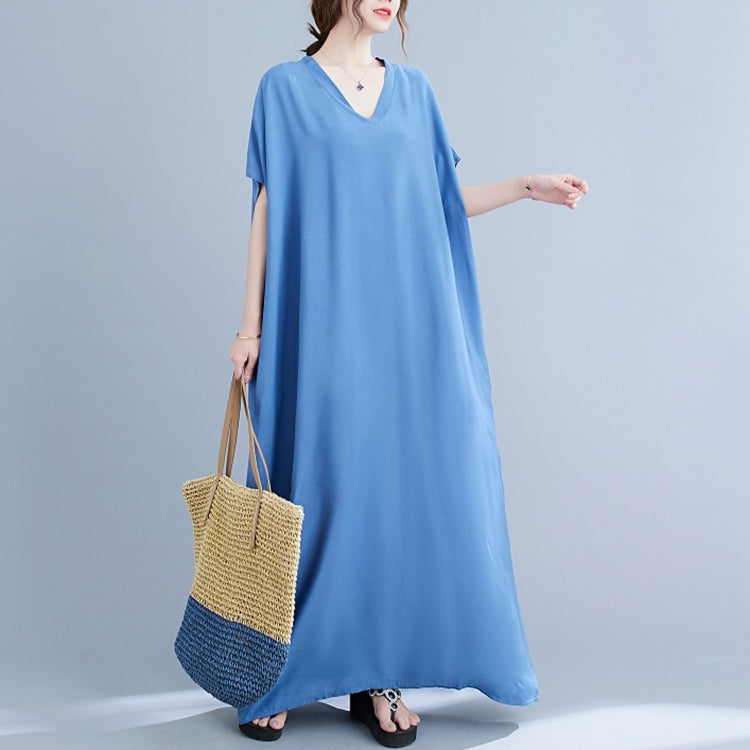 Ladies Bohemian Style Solid Color V-neck Long Robe Dress