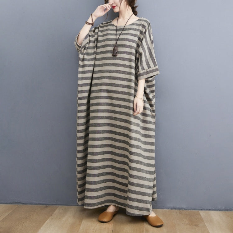 Ladies Casual Retro Round Neck Stripes Long Robe Dress