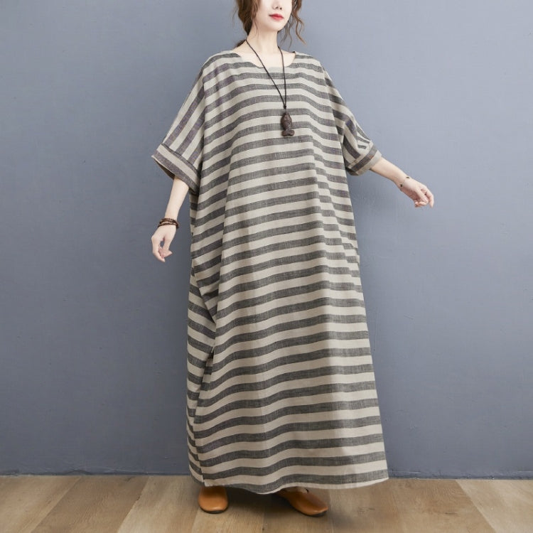 Ladies Casual Retro Round Neck Stripes Long Robe Dress