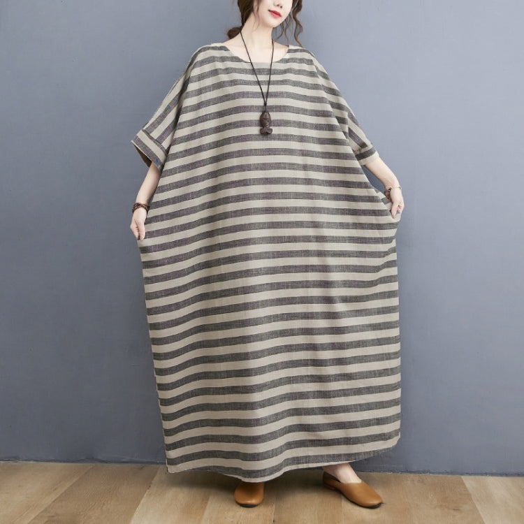 Ladies Casual Retro Round Neck Stripes Long Robe Dress