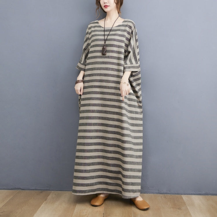 Ladies Casual Retro Round Neck Stripes Long Robe Dress