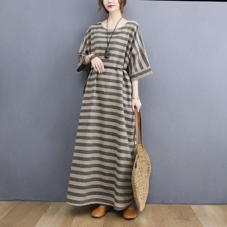 Ladies Casual Retro Round Neck Stripes Long Robe Dress