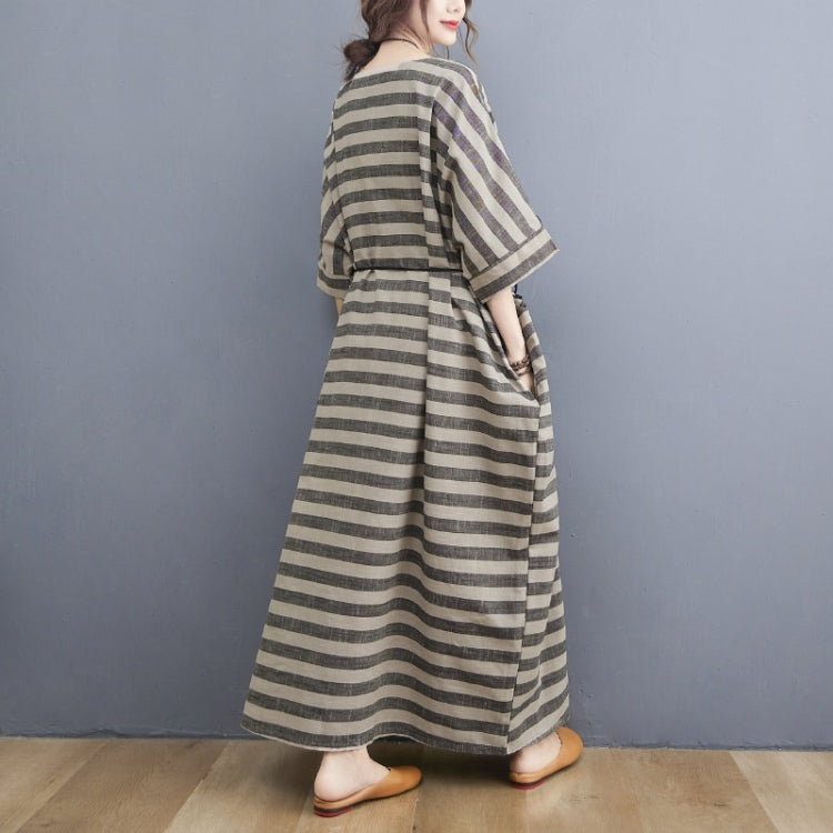 Ladies Casual Retro Round Neck Stripes Long Robe Dress