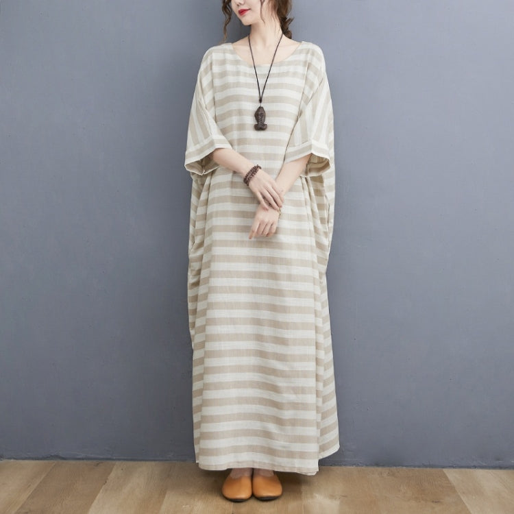 Ladies Casual Retro Round Neck Stripes Long Robe Dress