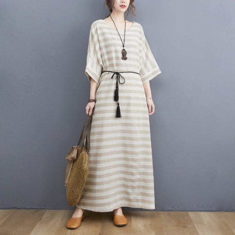 Ladies Casual Retro Round Neck Stripes Long Robe Dress
