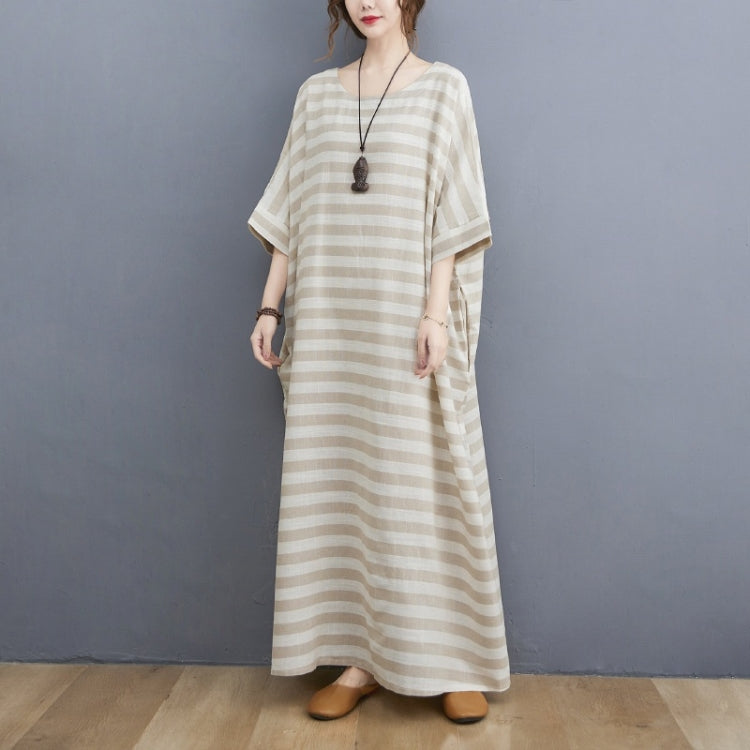 Ladies Casual Retro Round Neck Stripes Long Robe Dress