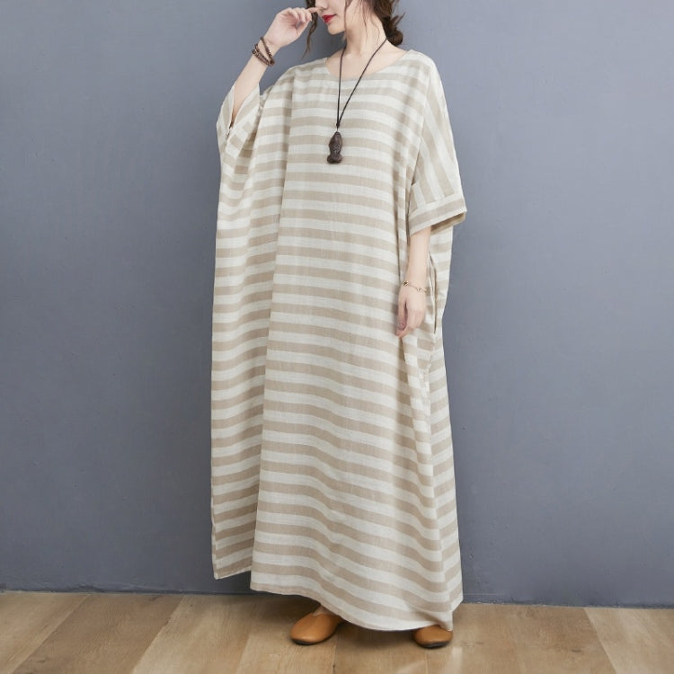 Ladies Casual Retro Round Neck Stripes Long Robe Dress