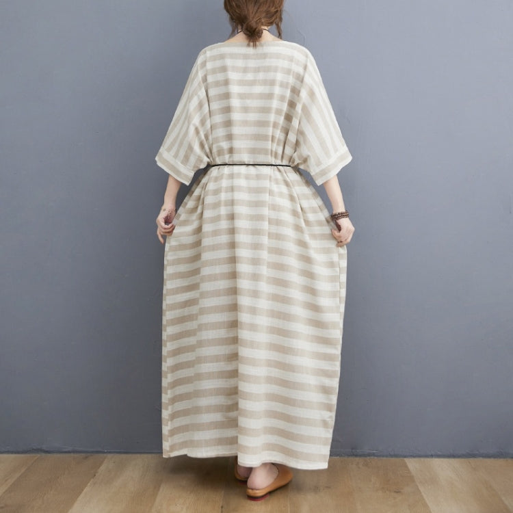 Ladies Casual Retro Round Neck Stripes Long Robe Dress