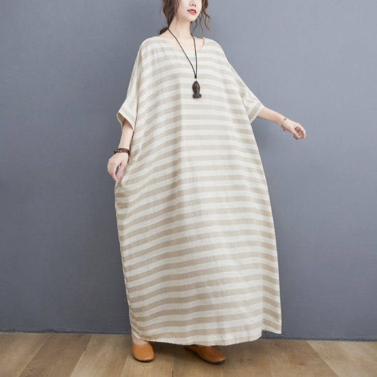 Ladies Casual Retro Round Neck Stripes Long Robe Dress