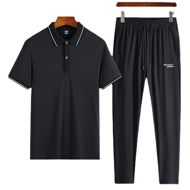 2 in 1 Summer Ice Silk Polo Shirt Short-sleeved T-shirt + Trousers Casual Sports Suit for Middle-aged And Elderly Men