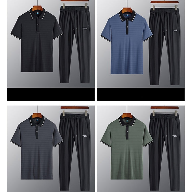 2 in 1 Summer Ice Silk Polo Shirt Short-sleeved T-shirt + Trousers Casual Sports Suit for Middle-aged And Elderly Men