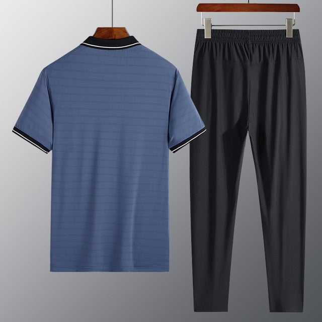 2 in 1 Summer Ice Silk Polo Shirt Short-sleeved T-shirt + Trousers Casual Sports Suit for Middle-aged And Elderly Men