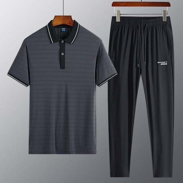 2 in 1 Summer Ice Silk Polo Shirt Short-sleeved T-shirt + Trousers Casual Sports Suit for Middle-aged And Elderly Men