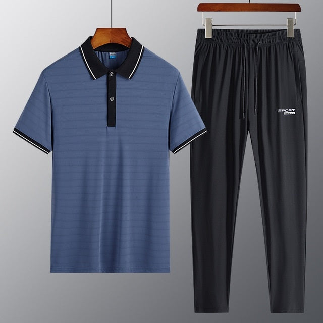 2 in 1 Summer Ice Silk Polo Shirt Short-sleeved T-shirt + Trousers Casual Sports Suit for Middle-aged And Elderly Men