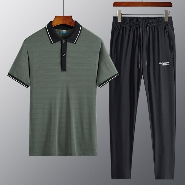 2 in 1 Summer Ice Silk Polo Shirt Short-sleeved T-shirt + Trousers Casual Sports Suit for Middle-aged And Elderly Men