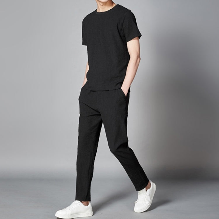 2 in 1 Summer Pleated Round Neck Short-sleeved T-shirt + Trousers Loose Casual Sports Suit  for Middle-aged And Elderly Men