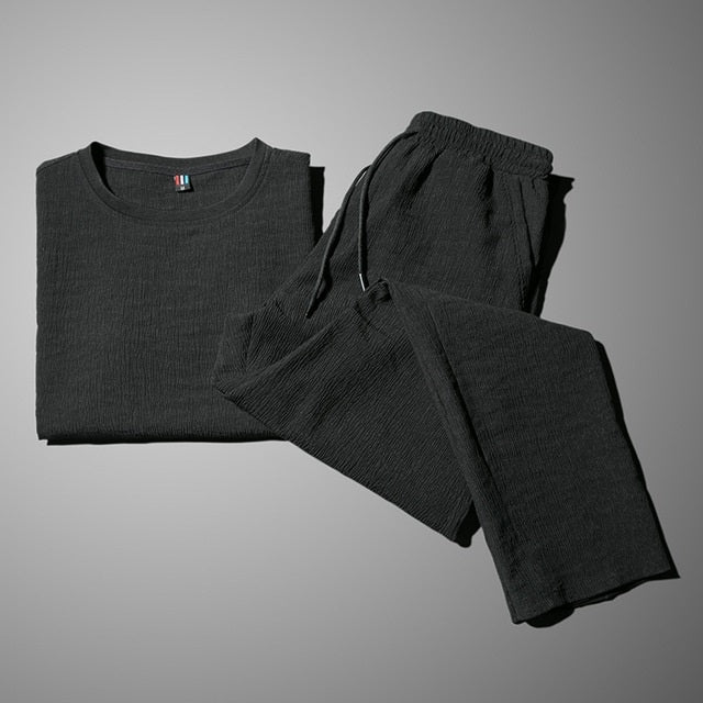 2 in 1 Summer Pleated Round Neck Short-sleeved T-shirt + Trousers Loose Casual Sports Suit  for Middle-aged And Elderly Men