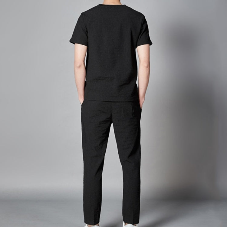 2 in 1 Summer Pleated Round Neck Short-sleeved T-shirt + Trousers Loose Casual Sports Suit  for Middle-aged And Elderly Men