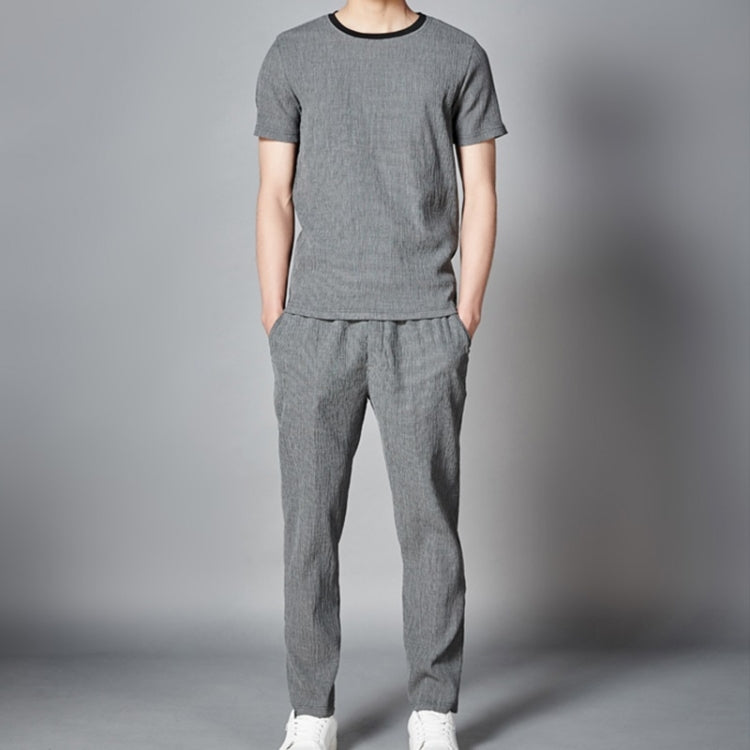 2 in 1 Summer Pleated Round Neck Short-sleeved T-shirt + Trousers Loose Casual Sports Suit  for Middle-aged And Elderly Men