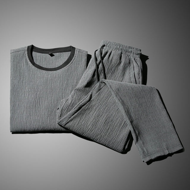2 in 1 Summer Pleated Round Neck Short-sleeved T-shirt + Trousers Loose Casual Sports Suit  for Middle-aged And Elderly Men