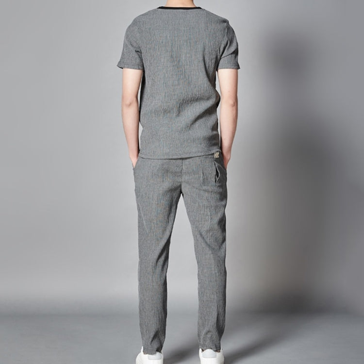 2 in 1 Summer Pleated Round Neck Short-sleeved T-shirt + Trousers Loose Casual Sports Suit  for Middle-aged And Elderly Men