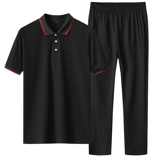 2 in 1 Summer Ice Silk Polo Shirt Two-color Stitching Short-sleeved T-shirt + Trousers Casual Sports Suit for Middle-aged And Elderly Men