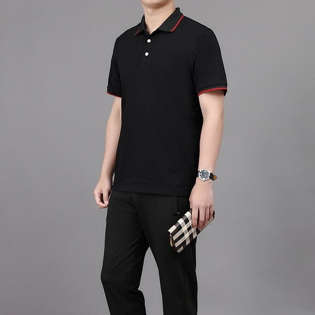2 in 1 Summer Ice Silk Polo Shirt Two-color Stitching Short-sleeved T-shirt + Trousers Casual Sports Suit for Middle-aged And Elderly Men