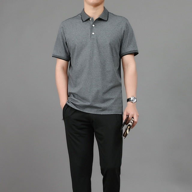 2 in 1 Summer Ice Silk Polo Shirt Two-color Stitching Short-sleeved T-shirt + Trousers Casual Sports Suit for Middle-aged And Elderly Men