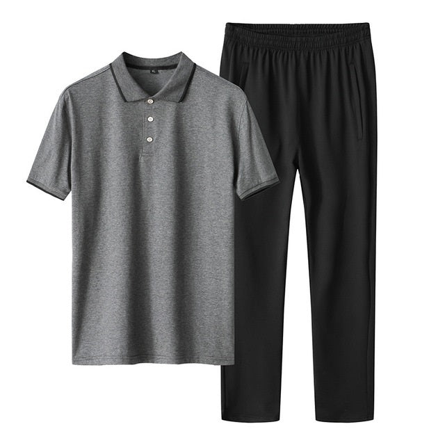 2 in 1 Summer Ice Silk Polo Shirt Two-color Stitching Short-sleeved T-shirt + Trousers Casual Sports Suit for Middle-aged And Elderly Men