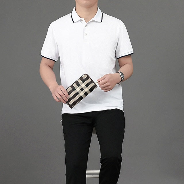 2 in 1 Summer Ice Silk Polo Shirt Two-color Stitching Short-sleeved T-shirt + Trousers Casual Sports Suit for Middle-aged And Elderly Men