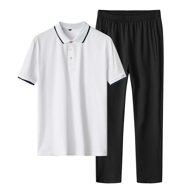 2 in 1 Summer Ice Silk Polo Shirt Two-color Stitching Short-sleeved T-shirt + Trousers Casual Sports Suit for Middle-aged And Elderly Men