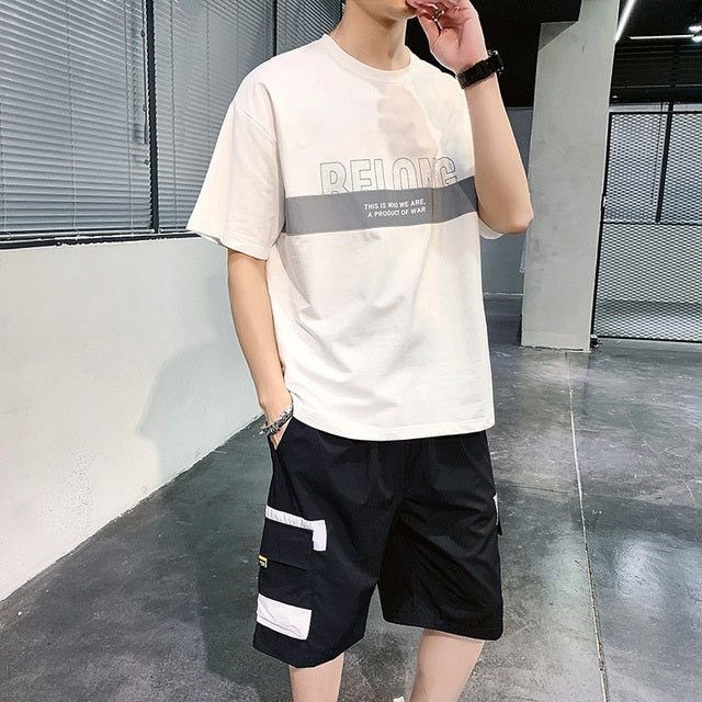 2 In 1 Summer Loose Casual Letter Pattern Short-sleeved T-shirt + Shorts Suit For Men