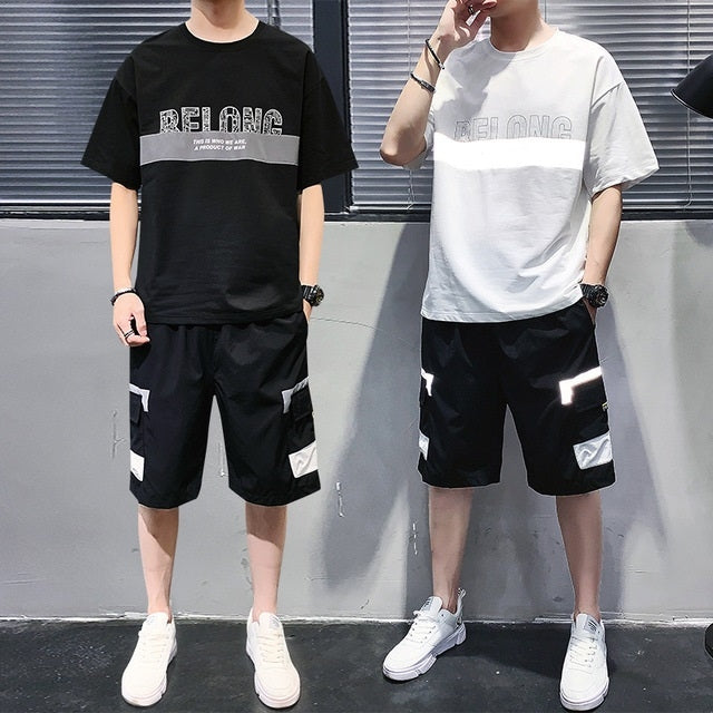 2 In 1 Summer Loose Casual Letter Pattern Short-sleeved T-shirt + Shorts Suit For Men