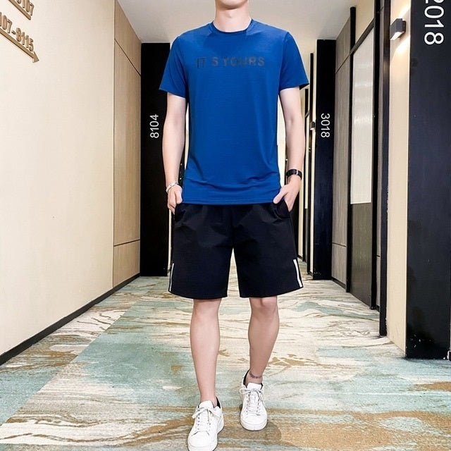 2 in 1 Summer Horizontal Striped Short-sleeved T-shirt + Shorts Casual Sports Suit for Men
