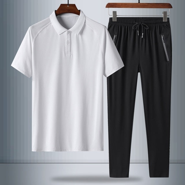 2 In 1 Summer Breathable Ice Silk Polo Shirt Raglan Short-sleeved T-shirt + Trousers Loose Casual Sports Suit For Middle-aged And Elderly Men