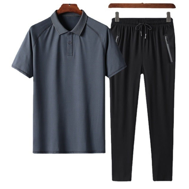 2 In 1 Summer Breathable Ice Silk Polo Shirt Raglan Short-sleeved T-shirt + Trousers Loose Casual Sports Suit For Middle-aged And Elderly Men