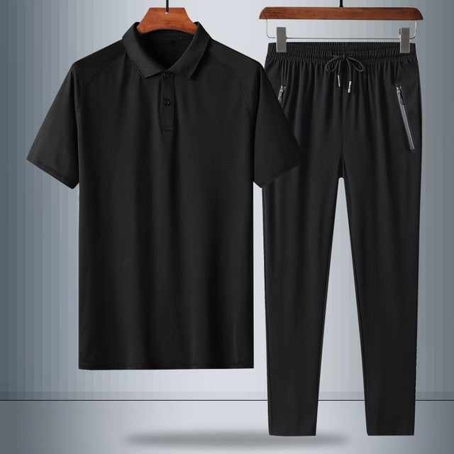2 In 1 Summer Breathable Ice Silk Polo Shirt Raglan Short-sleeved T-shirt + Trousers Loose Casual Sports Suit For Middle-aged And Elderly Men