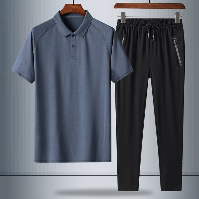 2 In 1 Summer Breathable Ice Silk Polo Shirt Raglan Short-sleeved T-shirt + Trousers Loose Casual Sports Suit For Middle-aged And Elderly Men
