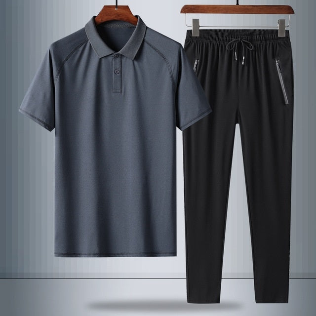 2 In 1 Summer Breathable Ice Silk Polo Shirt Raglan Short-sleeved T-shirt + Trousers Loose Casual Sports Suit For Middle-aged And Elderly Men