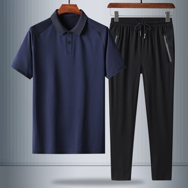 2 In 1 Summer Breathable Ice Silk Polo Shirt Raglan Short-sleeved T-shirt + Trousers Loose Casual Sports Suit For Middle-aged And Elderly Men