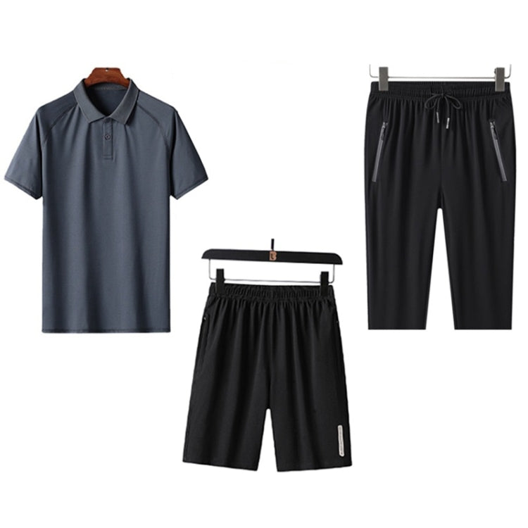 3 In 1 Summer Breathable Ice Silk Polo Shirt Raglan Short-sleeved T-shirt + Shorts + Trousers Loose Casual Sports Suit For Middle-aged And Elderly Men