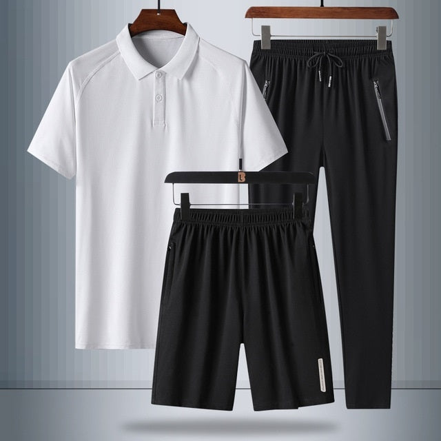 3 In 1 Summer Breathable Ice Silk Polo Shirt Raglan Short-sleeved T-shirt + Shorts + Trousers Loose Casual Sports Suit For Middle-aged And Elderly Men