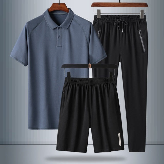 3 In 1 Summer Breathable Ice Silk Polo Shirt Raglan Short-sleeved T-shirt + Shorts + Trousers Loose Casual Sports Suit For Middle-aged And Elderly Men